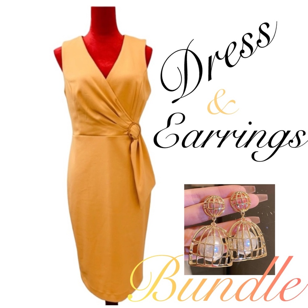 Calvin Klein Yellow Midi Dress with Earrings